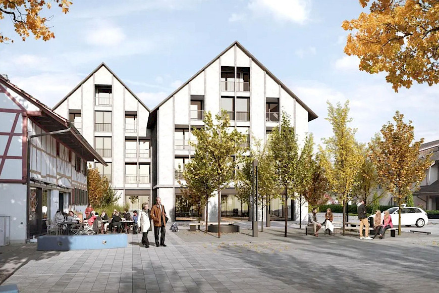 Ersatzneubau Zentrumweg, Niederhasli - Visualisierung Westfassade mit Dorfplatz